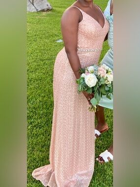 Mori Lee Rose Gold Sequin Maxi Dress